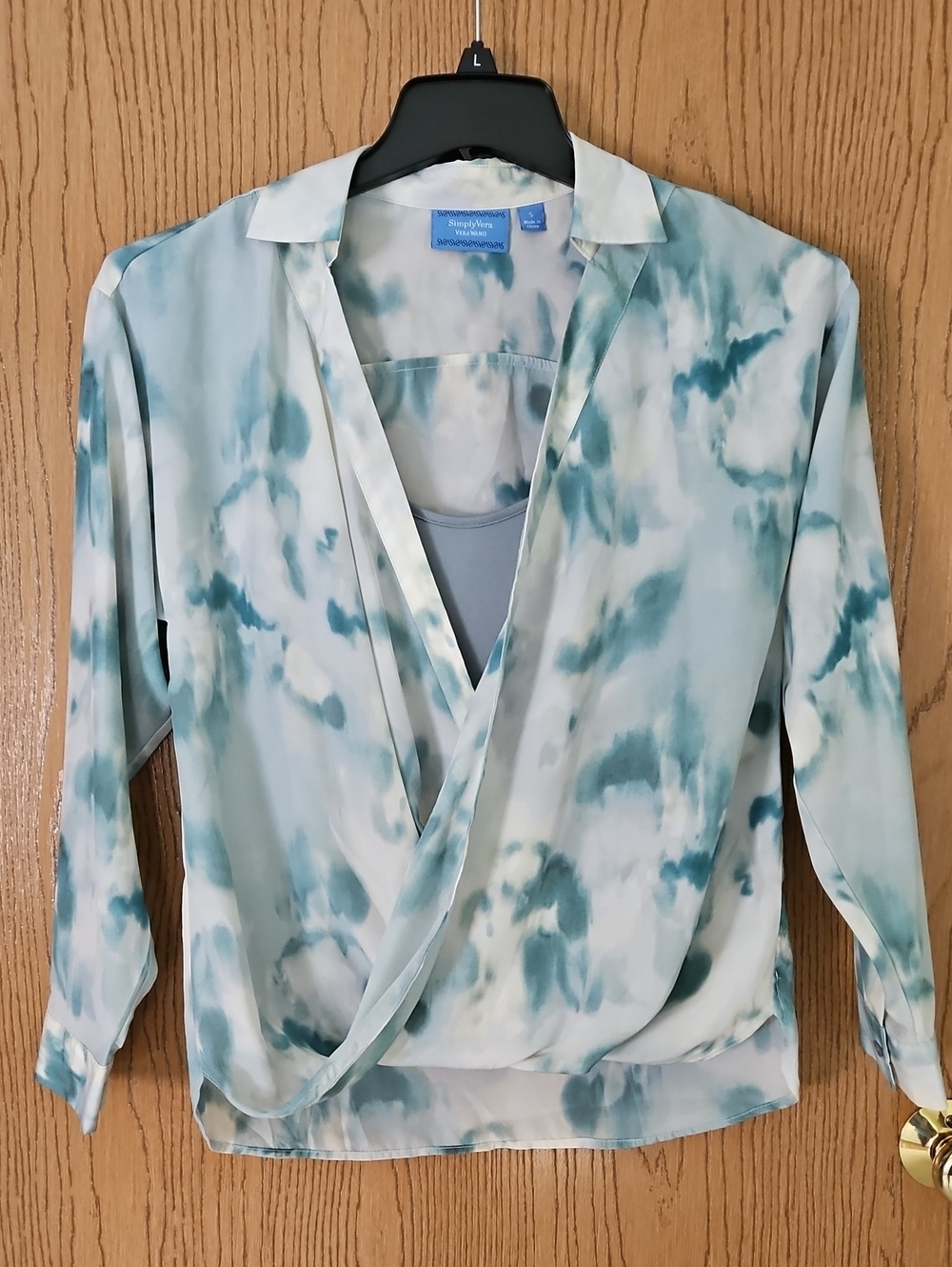 Simply Vera Vera Wang Cream and Teal Wrap Blouse Watercolor Print Size Small